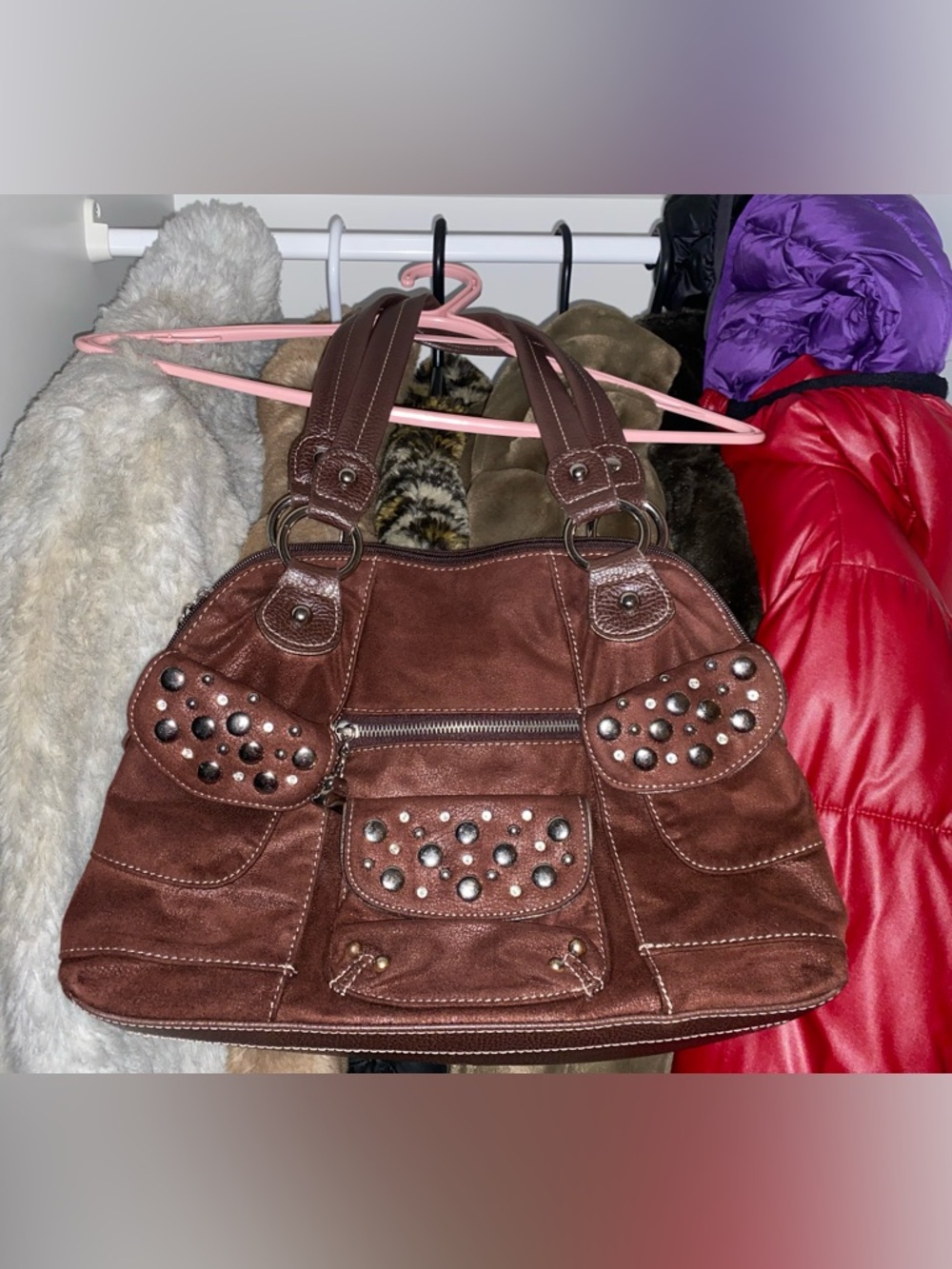 Kathy Van Zeeland Brown Studded Suede Shoulder Bag